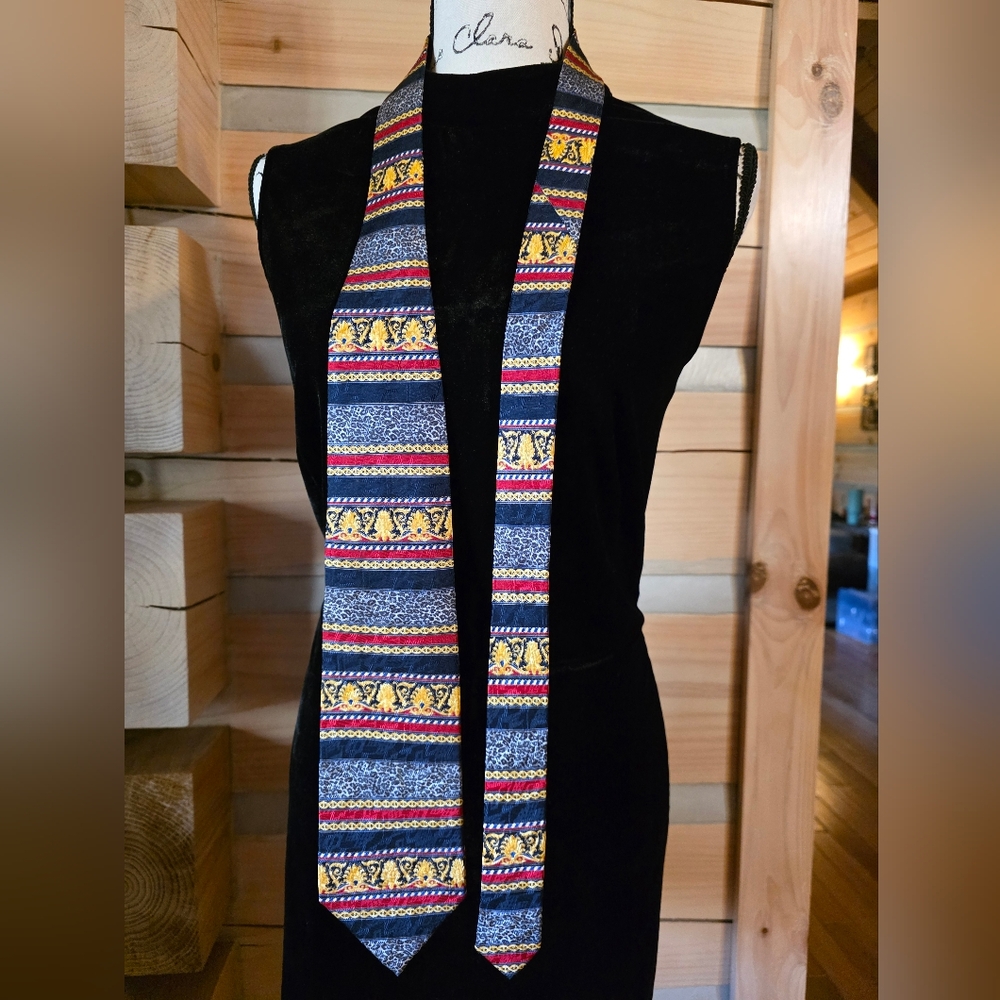 Vintage Tino Cosma Men's Patterned Stripe Silk Tie in Navy, Gold & Red